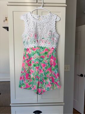 Lilly Pulitzer Pink & Green Floral Crochet-Trim Romper Shorts